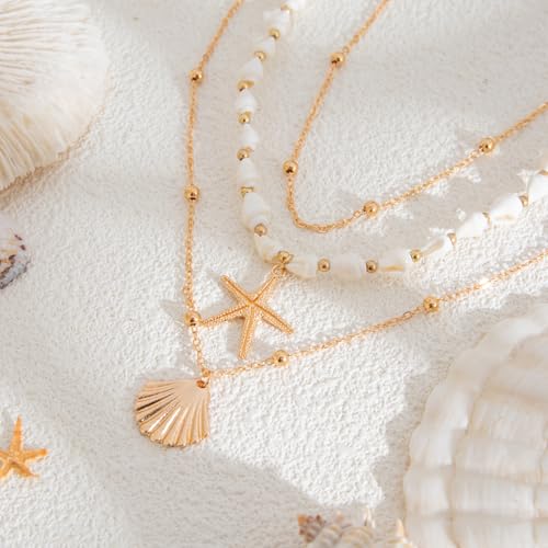 Seashell Necklace for Women Gold Layered Sea Shell Necklace Boho Summer Beach Necklaces for Women Adjustable Pearl Conch Starfish Necklaces Vacation Coastal Beachy Jewelry Outfits Accessories4