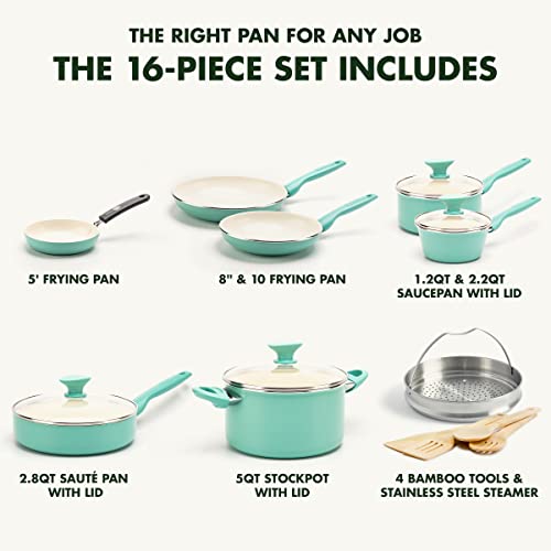 Image of GreenPan Rio Healthy Ceramic Nonstick 16 Piece Cookware Pots and Pans Set, PFAS-Free, Dishwasher Safe, Turquoise