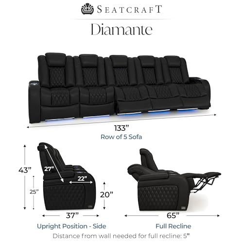 Image of Seatcraft Diamante Black Italian Leather Home Theater Seating, Zero Gravity Power Recliner Gaming and Home Office Chair, Powered Headrest Lounge Sofa Furniture for Cinema Room, Row of 5 Middle Sofa