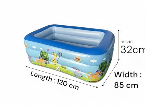 Image of Aqua World Kids Inflatable Pool, Rectangular Family Swimming Pool, 120 x 85 x 32 Cm, Portable Outdoor Baby Bath Tub with Animal Theme for Garden & Terrace