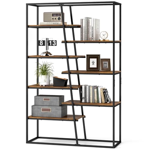 LOKO 71-Inch Tall Bookshelf, 7-Tier Industrial Etagere Bookcase with Heavy-Duty Metal Frame, Freestanding Double Wide Display Rack for Living Room Bedroom Home Office, Rustic Brown
