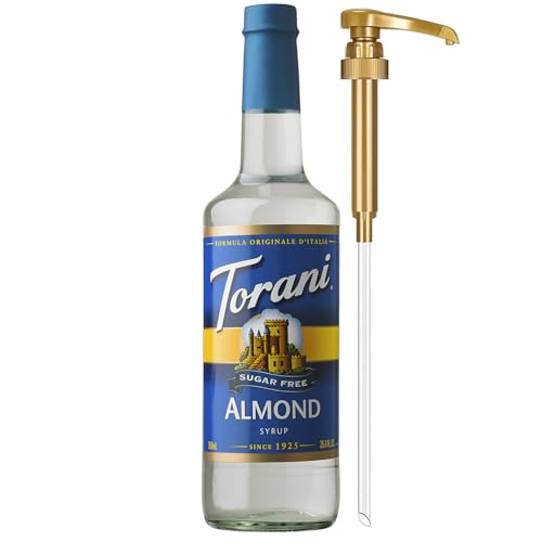 Torani Sugar Free Syrup, Almond Flavored Syrup for Drinks, Zero Calorie, Glass Bottle with Pump Included, 25.4 Fl Oz