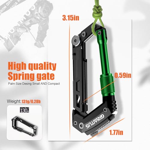 Image of Carabiner Multitool with Pocket Knives, EDC Carabiners, Serrated Knife, Rope Cutter, Screwdriver, Can Bottle Opener, Ruler, Folding Knife for Camping Hiking, Gifts for Men (Green)