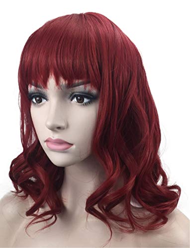 Short Curly Wavy Wine Red Wigs, Charming Rose Net Synthetic Wig with Bangs & 1 Wig Cap for Women & Girls Costume/Party/Fun/Halloween; wig029WR