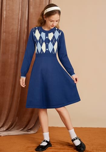 GRACE KARIN Girls Argyle Knit Sweater Dress Long Sleeve Fall Winter Christmas Dresses 6-14​Y2