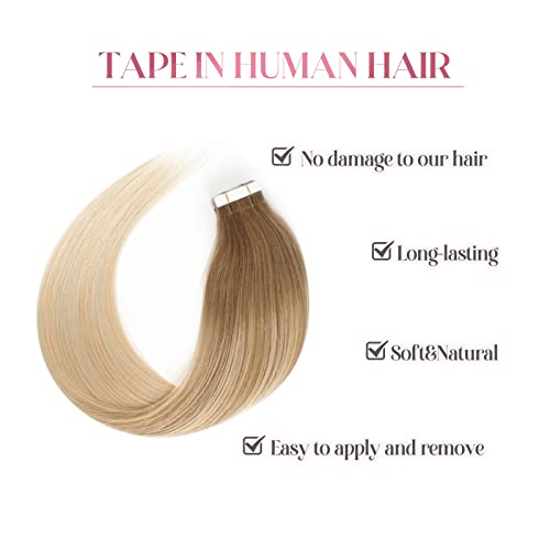 Image of Sixstarhair Tape in Hair Extensions Balayage Hair Made Of 100 Human Hair Balayage Tape In Extensions Ombre Ash Brown Fading to Dirty Blonde Highlight Ash blonde [B8-18-60 20inch]