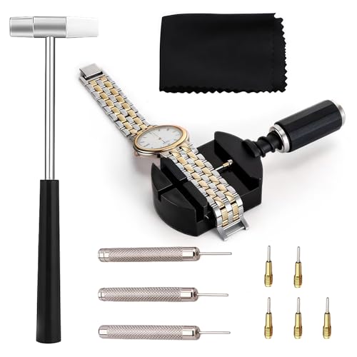 Uhrenarmband Reparatur Werkzeug Set, Uhrenband Kürzen Reparatur Set, Watch Link Removal Tool, mit 1 Stift-Glieder-Entferner, 5 Ersatzstiften, 3 Stiftstanzen, 1 Uhrenhammer, 1 Tuch putzen (Schwarz)