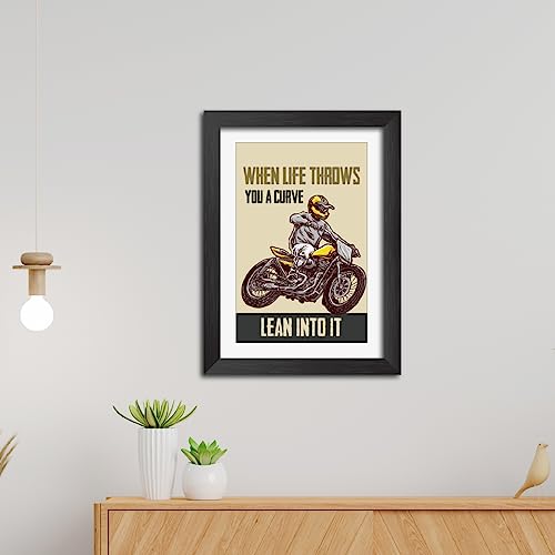 Image of TenorArts Motorcycle Riding Posters Photo Frame Bikers Bullet Rider Motivational Quotes Laminated Poster Framed Painting with Matt Finish Frames (9inches x 12inches) (Lean into it)