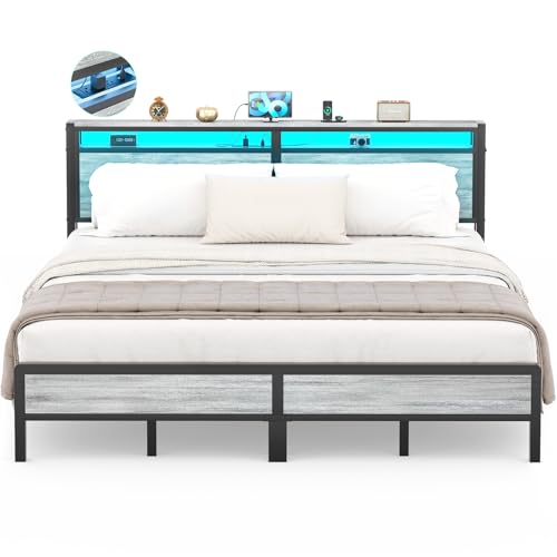 Homieasy King Size Bed Frame with Headboard & LED Lights, Heavy Duty Metal Platform Bed with USB Charging Station, No Box Spring Needed, Industrial Design, Light Oak