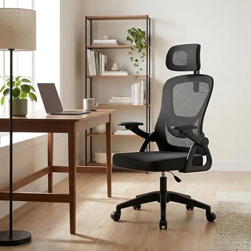 Ergonomic Office Chair, Mesh Swivel Chair with Adjustable Headrest, Flip-up Armrests, Height Adjustable for Home, Office, Work, Gaming and Relaxation, Black - Image 3