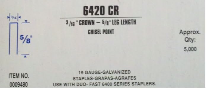 Grapas 6420 sim a Duo-Fast 6420CR Box (5,000) de calibre 19 58" pierna x 316" grapas de corona estrecha