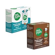 nutpods Caramel Candy Bar Non Dairy Coffee Creamer Bundle a 4 pack of Caramel and a 3 pack of Classic Chocolate, Made from Almonds and Coconuts with zero sugar.