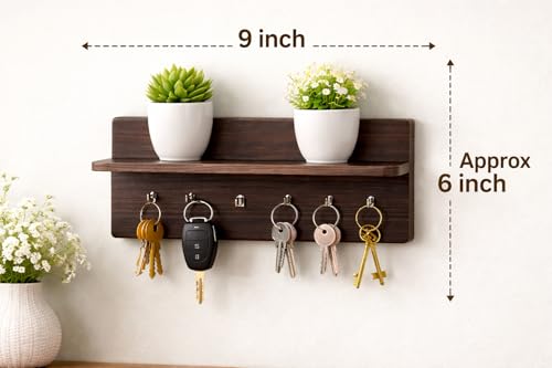 Image of CAPIO ART Wooden Key Holder for Wall with Shelf, Dark Walnut Finish | 6 Hooks, Wall Mounted, 9 x 6 Inch, Multipurpose Organizer
