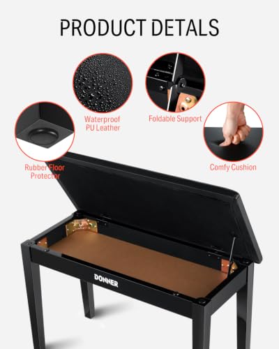 Donner Duet Piano Bench with Storage, Solid Wooden Keyboard Bench Piano Bookcase Stool Chair Seat with High-Density Sponges Padded Cushion, Black - image 4
