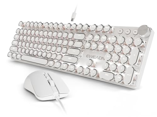 Image of EWEADN Wired Typewriter keyboard and Mouse Combo, Typewriter Style Mechanical Gaming Keyboard,104 Keys Backlit LED Keyboards, Media Control Knob, Wired Keyboard Pink Switch for Windows /Mac /PC-White