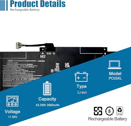 Image of PC03XL Laptop Battery Replacement for Pavilion x360 14 15 14-DY 14-BA 14-CD 14-dw 15-er Series 11.55V 43.3Wh 3560mAh 3-Cell