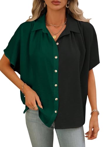 Image of GRECIILOOKS Polycotton Shirt for Women | Shirt Top | Color Block Button Down Blouse Casual Loose Fit Short Sleeve Summer Shirts Work, Vacation & Everyday Wear