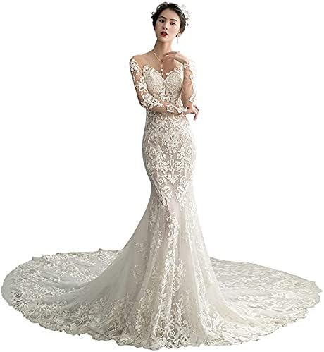 فساتين زفاف طويلة من إن بي إي ، حورية البحر ، برقبة دائرية من الدانتيل