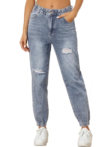 Allegra K High Waisted Jogger Jeans for Women's Casual Ripped Distressed Cargo Denim Pants