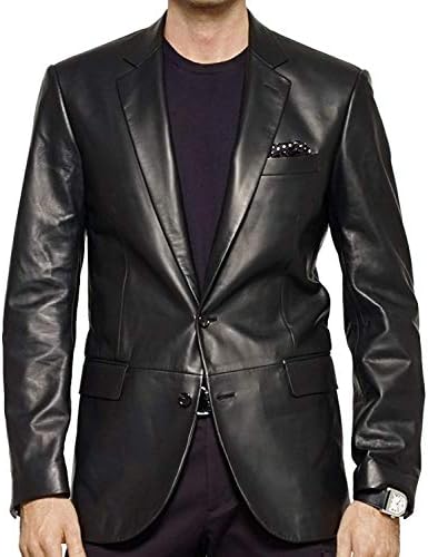 HGOBO Men's Lambskin Leather Blazer Coat (Large - For Chest 42-44, Black)