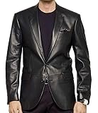 HGOBO Men's Lambskin Leather Blazer Coat (Large - For Chest 42-44, Black)