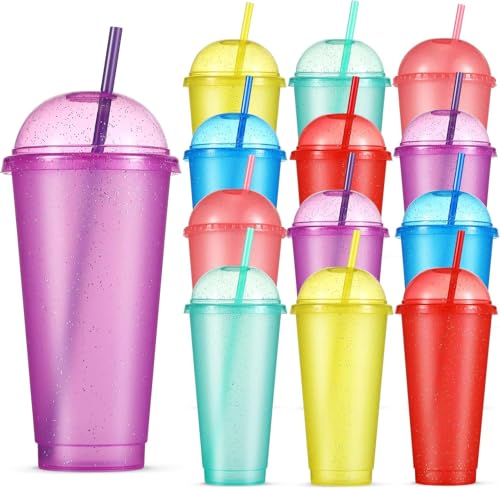 12Pcs Bunte Plastikbecher 710ml Trinkbecher mit Deckel und Strohhalm, wiederverwendbar Plastikbecher bunte Glitzer Kunststoffbecher Strohhalmbecher Wasserbecher Reisebecher Tasse, Partybecher