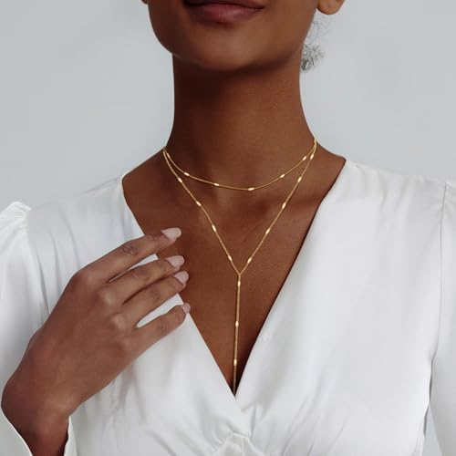 lariat gold necklace for women trendy dainty 14k gold platedsilver layered chain drop necklaces y-shaped necklace jewelry for women gifts