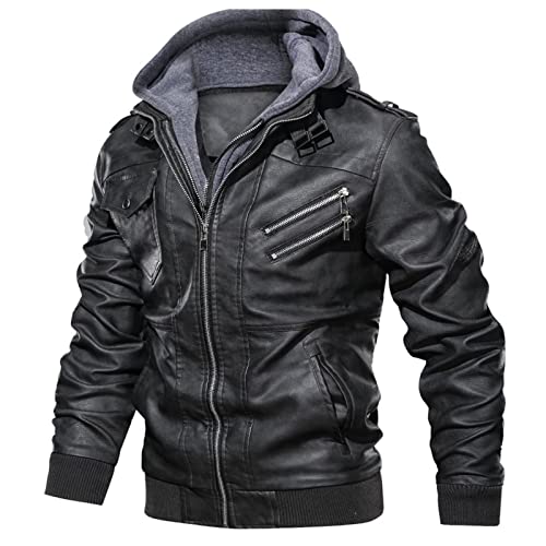 Maiyifu-GJ Men Vintage Faux Leather Jacket Stand Collar PU Leather Motorcycle Jacket Casual Bomber Hoodie with Removable Hood (Black,Large)2