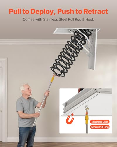 Image of VEVOR Attic Ladder, 660LBS /299.4KG Capacity, Fits 10.5 to 11 ft Ceiling Height and 39.4 x 27.5 inch Opening Size, Alloy Steel Pull-Down Retractable Ceiling Stair with Pulling Rod for Attic Loft Roof