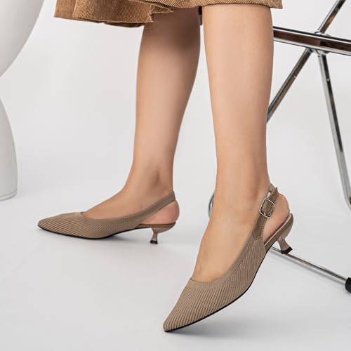 Image of youngshow Women's Slingback Kitten Heels for Work | Knit, Low Heels, Elastic Back Strap, Slip on, Pumps for Office, Wedding, Party