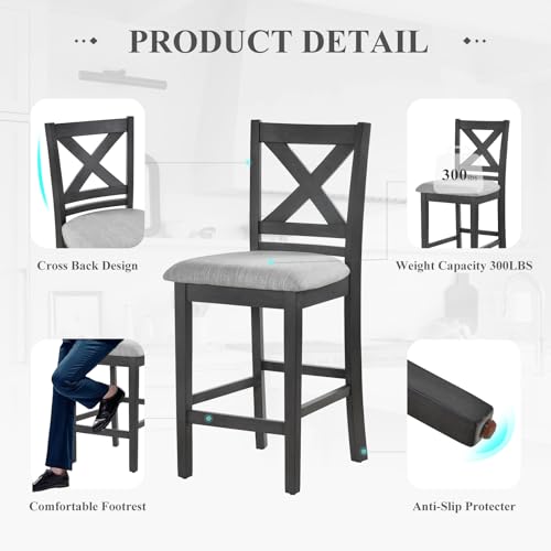 Image of COLAMY Upholstered Counter Height Bar Stools Set of 6, Modern Kitchen Island Barstools Chairs with Cross Back and Wood Legs for Dining Room Bar, Dark Grey