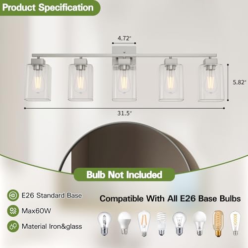 Image of 5 Light Bathroom Vanity Light - Brush Nickel Bathroom Light Fixtures Square Design & UL Certification, 31 Inch Long Light Fixtures Over Mirror for Bedroom & Restroom
