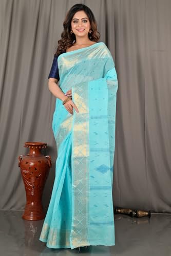 Image of eC ESHA'S COLLECTION Women's Kerala Cotton Floral Motif Printed Zari Bordered Tant Saree Without Blouse Piece