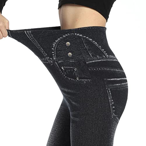 Onsoyours Leggings Imitation Jeans Femme Leggings Taille Haute Ceinture Elastiquée Slim Jeggings Extensible Pantalon de Crayon E Noir L