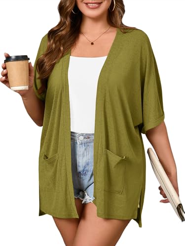 Image of AusLook Plus Size Cardigan for Women Short Sleeve Lightweight Open Front Shrug with Pockets for Dresses and Layering 1X-5X