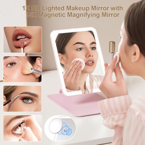 Espejo de maquillaje portátil con luz y aumento 15X miniatura 2