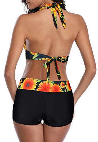 American Trends Women Two Piece Boyshort Bikini V Neck Swimsuit Halter Athletic Sporty Swimwear Push Up Bathing Suit H Sunflower Xl thumb #1