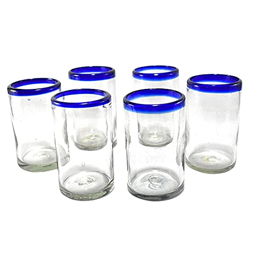 Hand Blown Drinking Glasses Artisan Crafted from Mexico Set of 6 pieces (Cobalt Blue Rim, Water 16 Oz.)