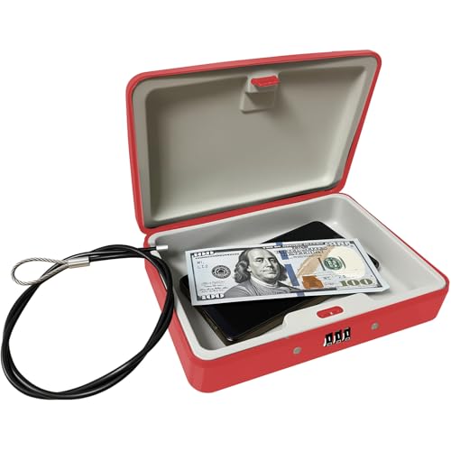 SEPOX Water/Fire-Resistant Portable Security Case Lock Box Steel Small Personal Travel Safe Storage Cabinet 3-Ft Cable Ressetable Combination Lock for Dorm Car Sports Office Red