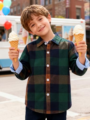 Image of Size 5-10 Years Boys' Long Sleeve Buffalo Plaid Button-Down Shirt Fall Thin Outfits Kids Clothes