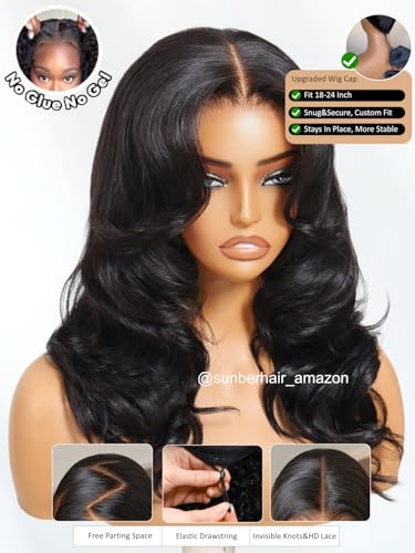 Image of Sunber Body Wave Pre Cut 7x5 Lace Front Wig Human Hair 180% Density 16inch | Butterfly Glueless Wig with Drawstring Face Framing Feathered Layers Bye Bye Knots Wig Pre Plucked Invisible Knots