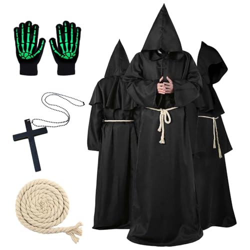 Ligtmor Disfarce de pijama de Halloween, roupas médias com capuz, inclui colar com pendente cruzado, cinto, luvas e autocolantes, Halloween para adultos para festas de carnaval (preto, L)