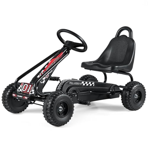COSTWAY Gokart mit verstellbarem Sitz, Go Kart mit Handbremse, Tretauto bis 30 kg belastbar, Pedal Go Cart, Tretfahrzeug, Pedalfahrzeug, Kinderfahrzeug für Kinder ab 3 Jahren (Schwarz)