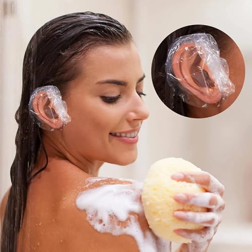 Image of DENMILE 200 PCS Clear Waterproof Ear Protectors Disposable Ear Covers for Bathing Hair Dye Shower & Hair Care Ear Cover for Bathing Salon Accessories Ear Caps for Shower Ear Cover Ear Cap