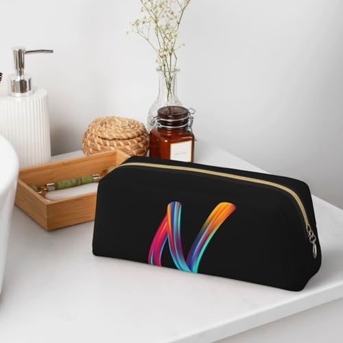 Image of Cute Initial Pencil Case for Kids Simple Leather Pencil Pouch for Boys Girls Letter Design Pencil Box Pen Bag Pencil Pouch Office Stationery Organizer, Rainbow Letter N