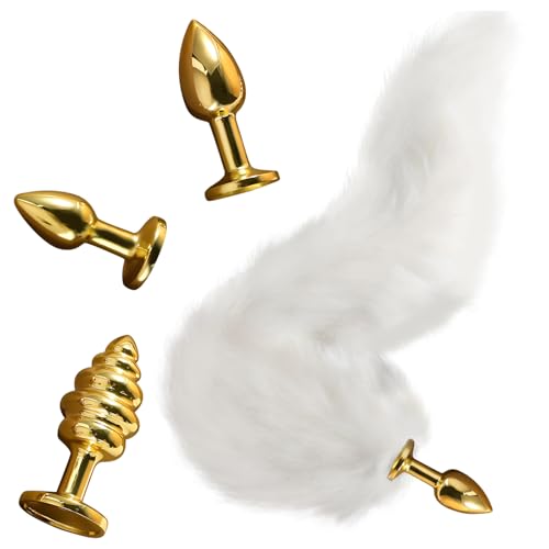 AMAZBEE 4 Stück Edelstahl Anal Plug Set Weißer Fuchsschwanz Butt Plugs Für Paare Cosplay Spiele Abnehmbarer Schwanz Adult Sexspielzeug