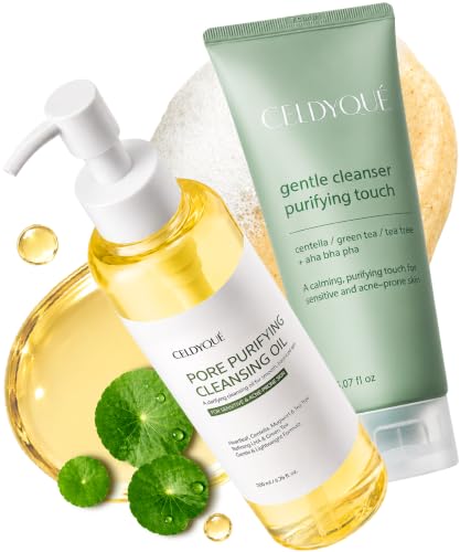 Image of Korean Double Cleanse Duo Set - Pore Purifying Cleansing Oil & Gentle Face Wash, Mild Acid Complex, Sensitive Skin, w / Centella Tea Tree & Green Tea, LHA AHA BHA PHA for Gentle Exfoliation Acne Care