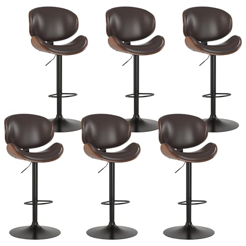 KCC Bar Stools Set of 6, Swivel Adjustable Height Barstools, PU Leather Upholstered Bar Chairs with Footrest, Bentwood Bar Stool for Kitchen, Bar, Dining Room(Brown PU)