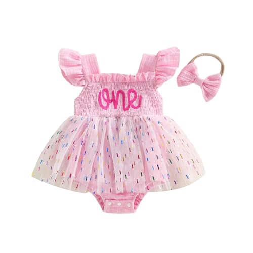 Carolilly Baby Girl First Birthday Flutter Sleeves Square Neck One Embroidered Bodysuit with Tulle Skirt and Bow Headband (Pink 12-18 Months)