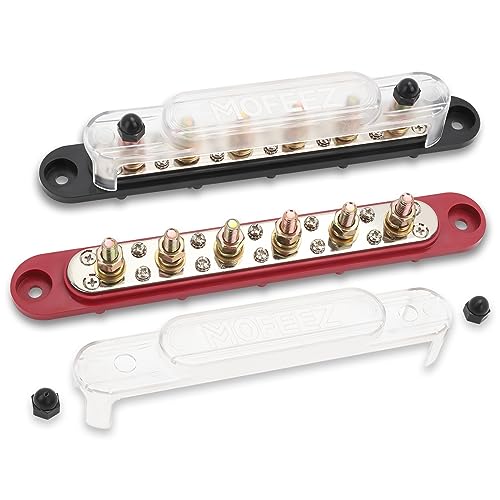 MOFEEZ Power Distribution Block Bus Bar, 6 x 5/16" Posts, 10 x #8 Screws Terminals, Max 48V 250A (Pair, Red & Black)